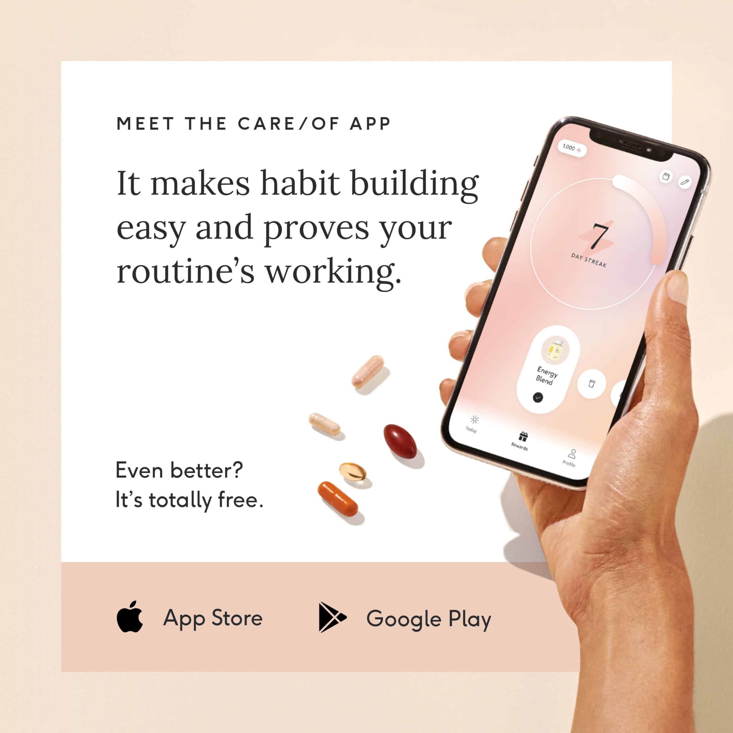Care/of app interface showing wellness tracking