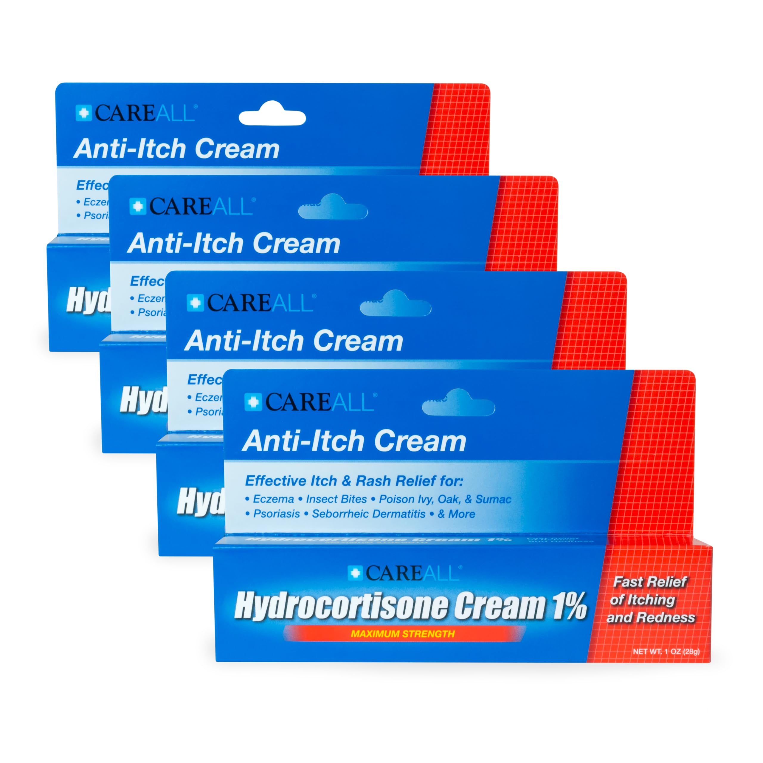 CareAll Hydrocortisone 1% label highlights NDC and lot information.