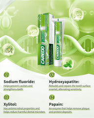 Close-up of Caredo toothpaste showcasing nano-hydroxyapatite formula