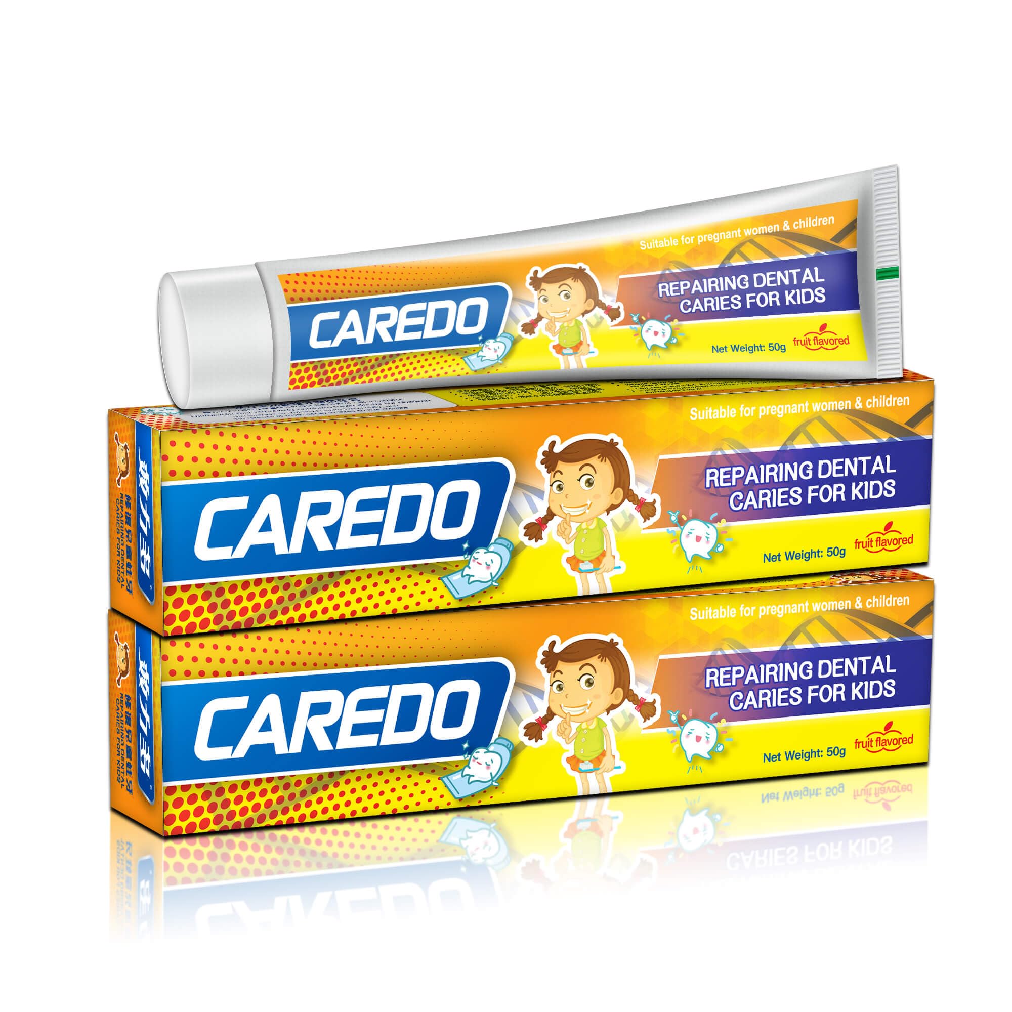 Front view of CAREDO Kids Hydroxyapatite Toothpaste 2-tube package