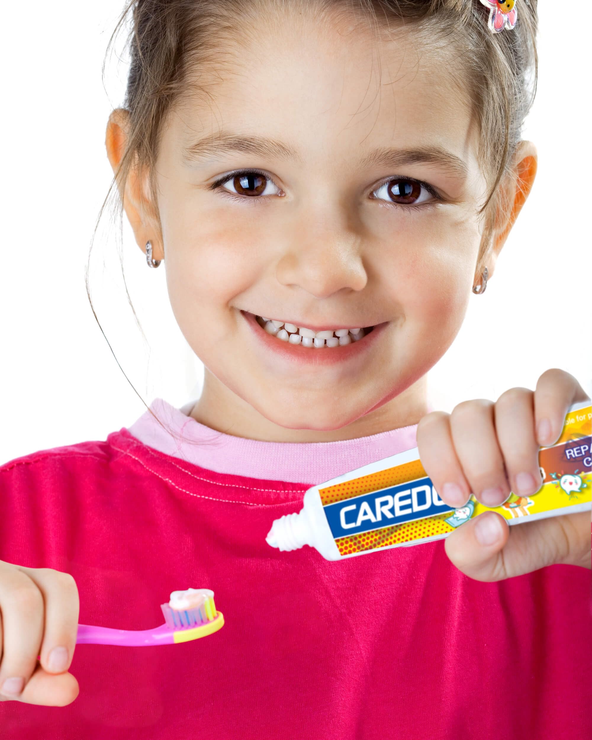 Close-up of toothpaste tubes designed for toddlers