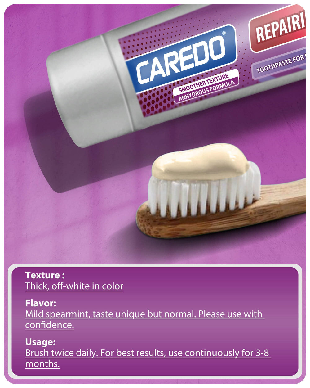 CAREDO toothpaste on bathroom counter with toothbrush