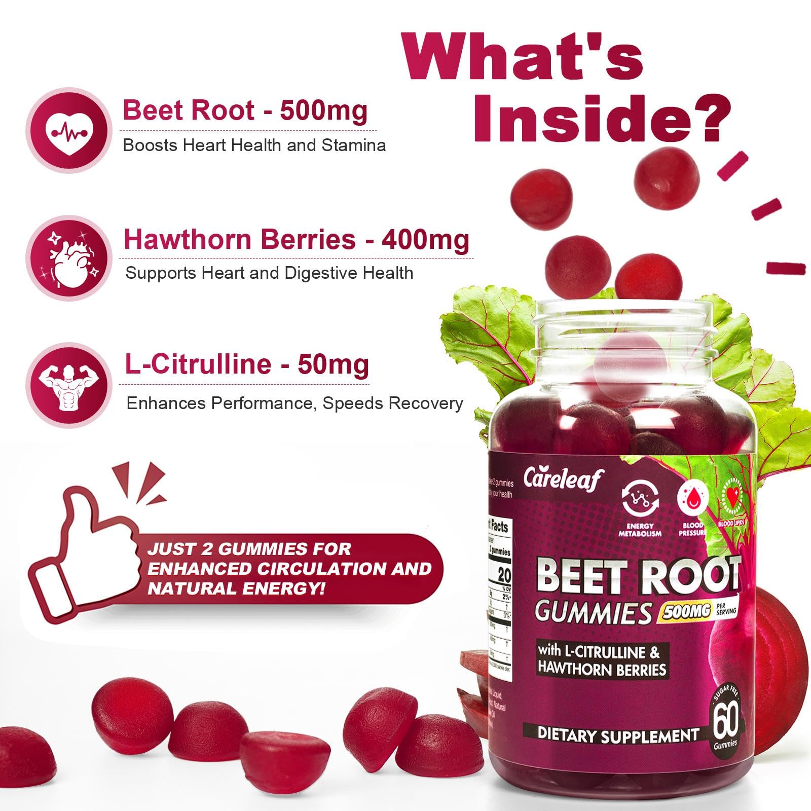 60-count bottle of CareLeaf Beet Root Gummies for blood pressure support