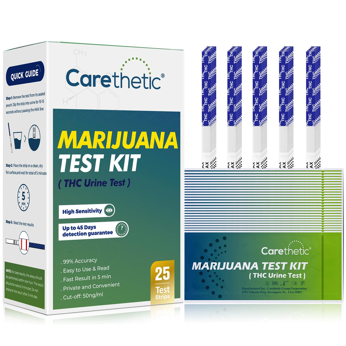 Carethetic THC drug test kit 25-pack packaging