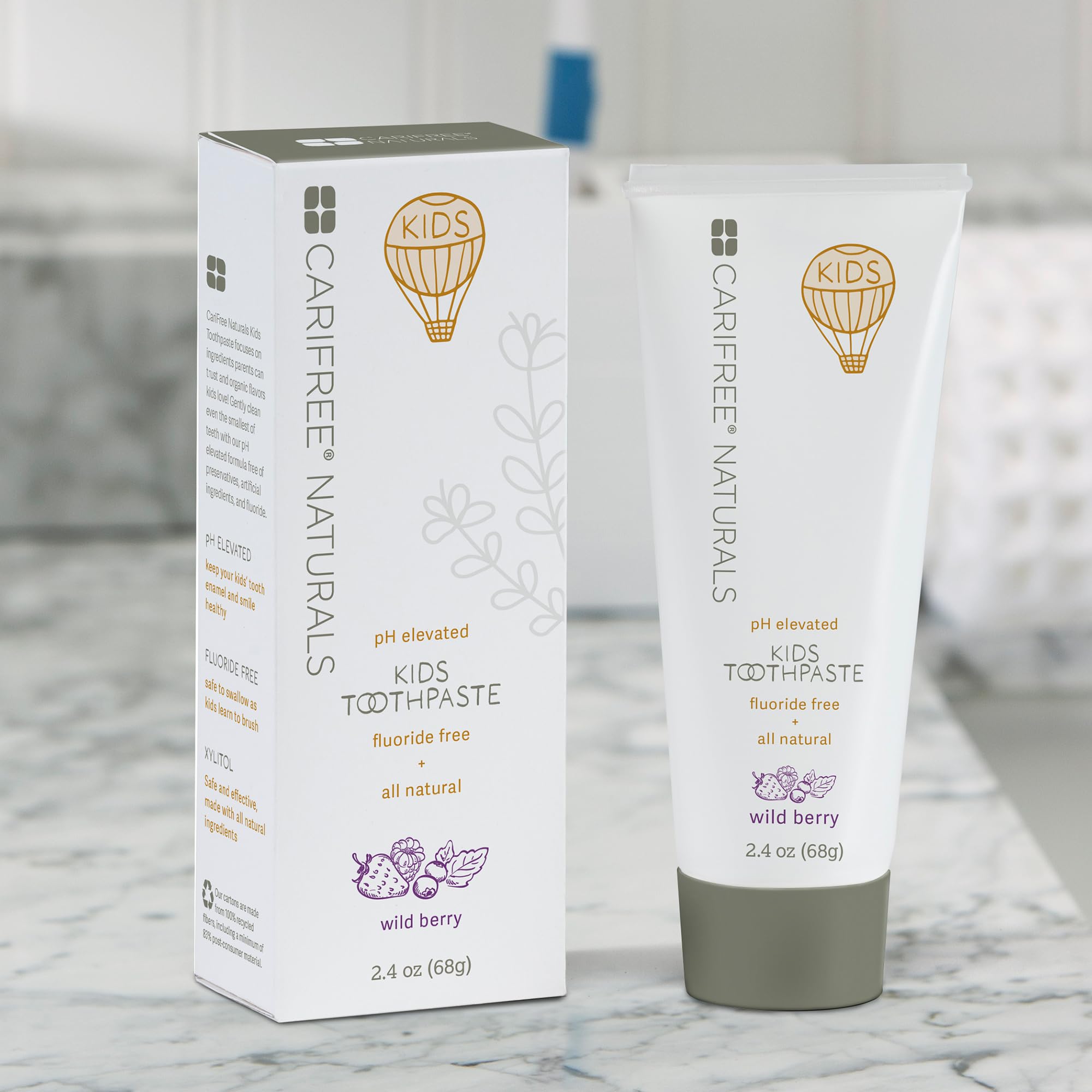 Box and tube packaging of CariFree Naturals Kids Toothpaste