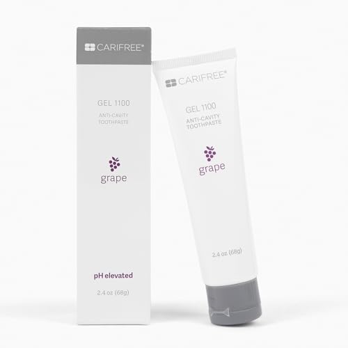 Close-up of CariFree Gel 1100 grape toothpaste tube
