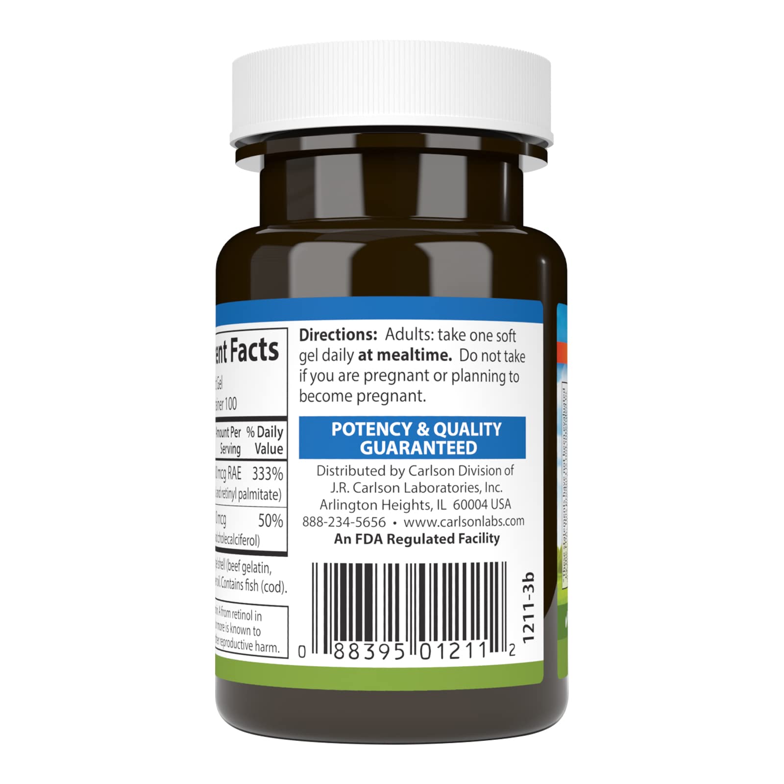 Carlson A&D Vitamin A & D3 supplement facts panel