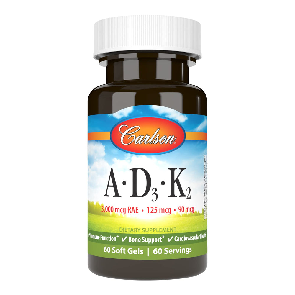 Front label of Carlson Vitamins A, D3, K2 bottle