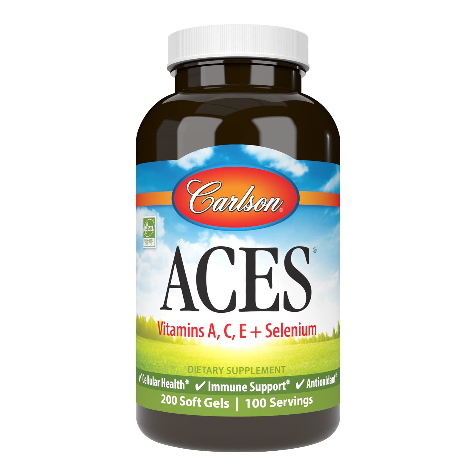 Carlson ACES bottle displaying vitamins A, C, E and selenium