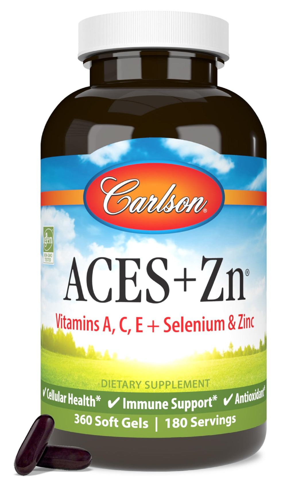 Front view of Carlson ACES + Zn 360 Softgels bottle