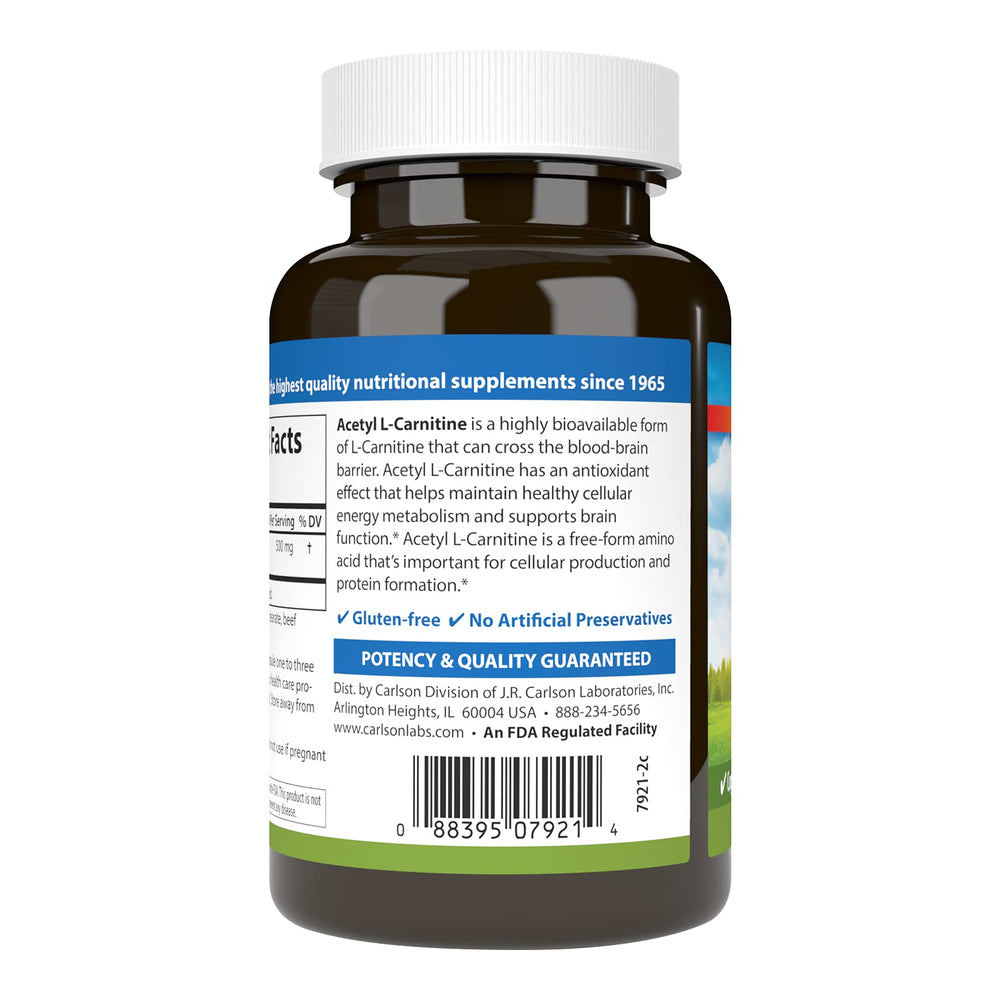 Bottle of Carlson Acetyl L-Carnitine 500 mg with 120 capsules on white background