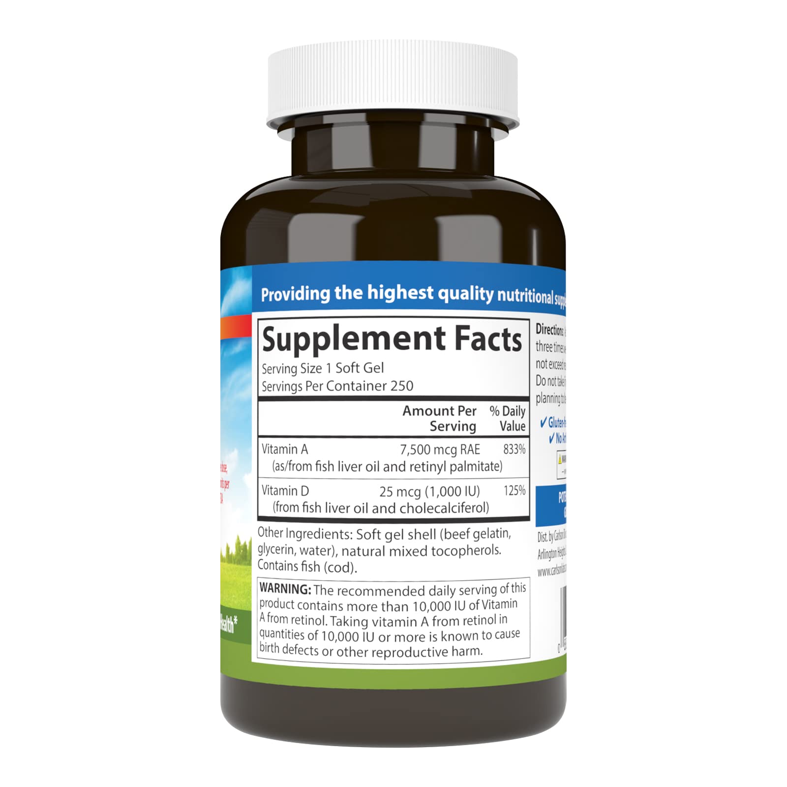 Close-up of the Carlson A&D bottle label highlighting 25,000 IU of Vitamin A and 1,000 IU of Vitamin D3