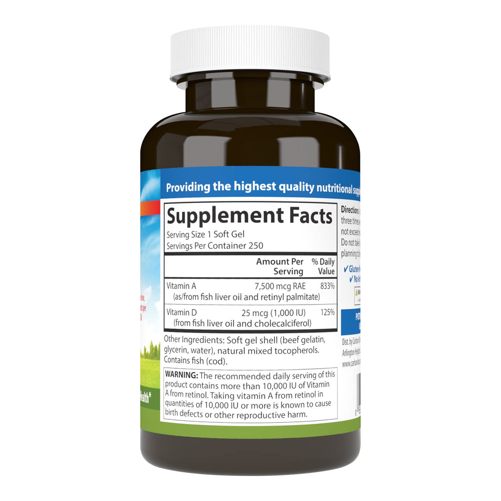 Close-up of the Carlson A&D bottle label highlighting 25,000 IU of Vitamin A and 1,000 IU of Vitamin D3