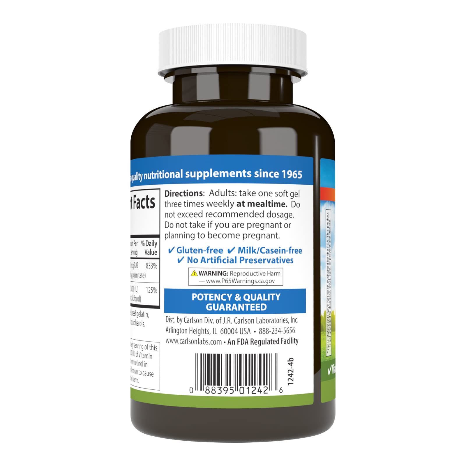 Front view of Carlson A&D Vitamin A & D softgels bottle