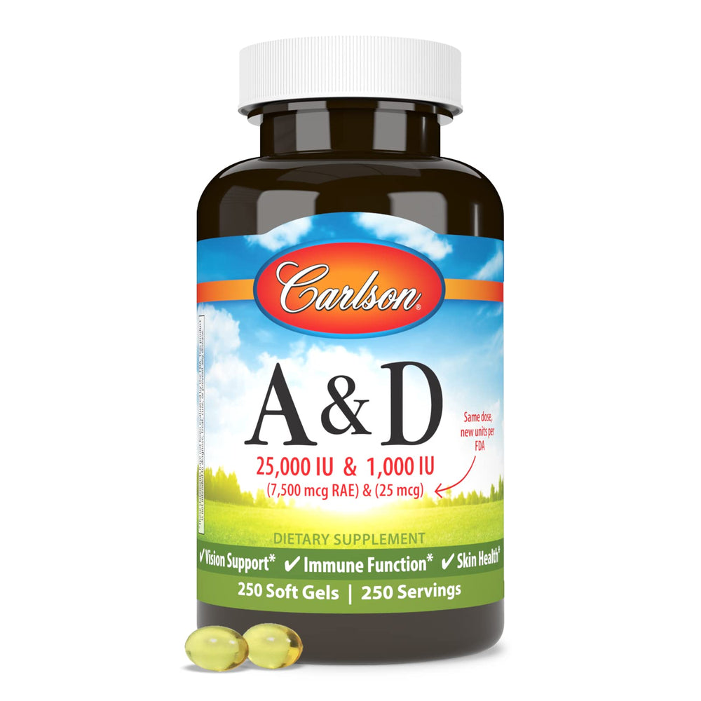 Supplement facts panel for Carlson A&D Vitamin A & D