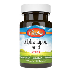 Front view of Carlson Alpha Lipoic Acid 300 mg bottle