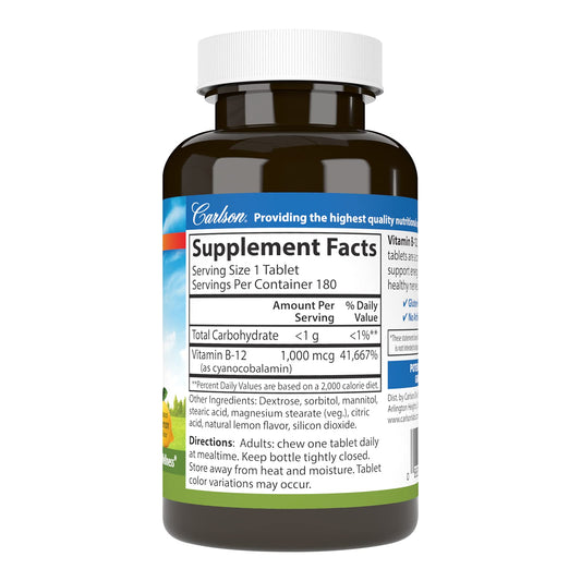 Close-up of Carlson B-12 1000 mcg chewable tablets