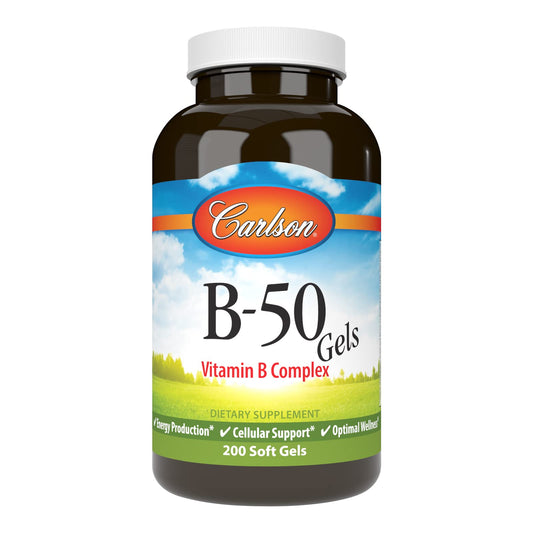 Front view of Carlson B-50 Gels bottle