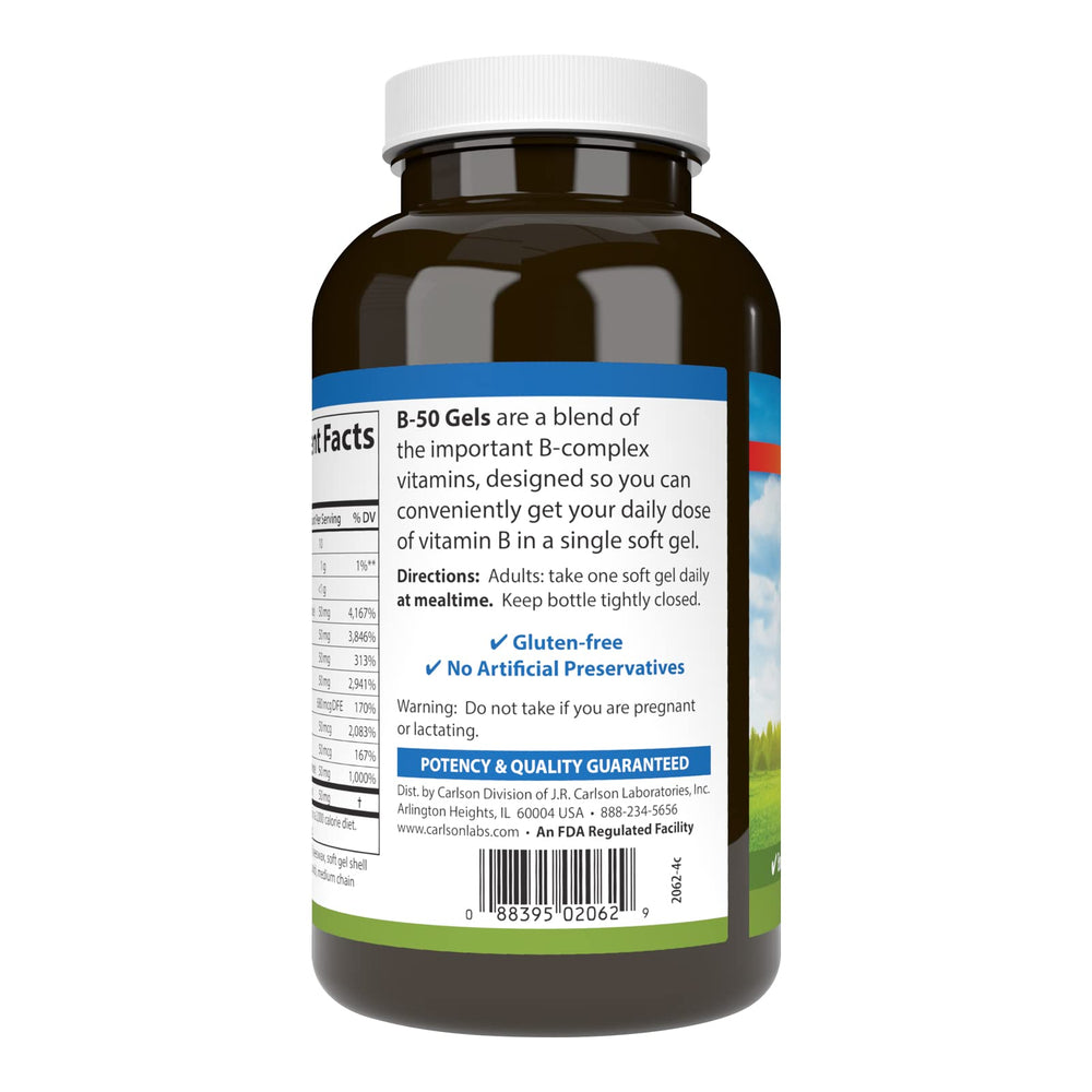 Close-up of Carlson B-50 Gels bottle label