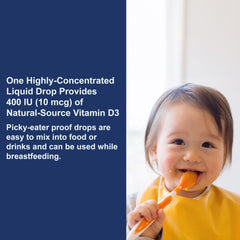 Close-up of Carlson Baby D3 bottle label with 365 drops