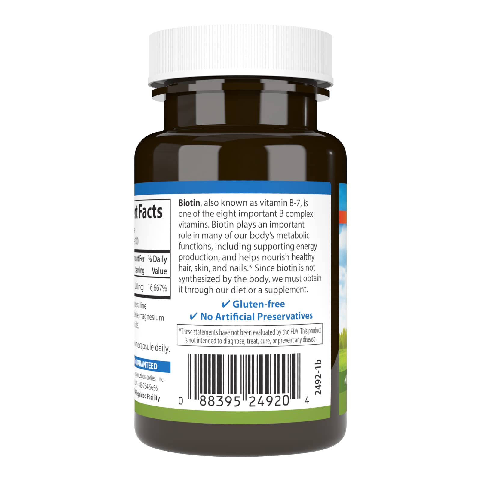 Back of Carlson Biotin 5000 mcg bottle showing supplement facts
