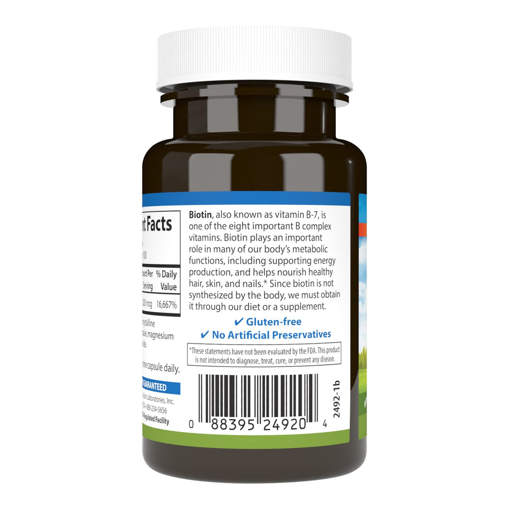 Back of Carlson Biotin 5000 mcg bottle showing supplement facts