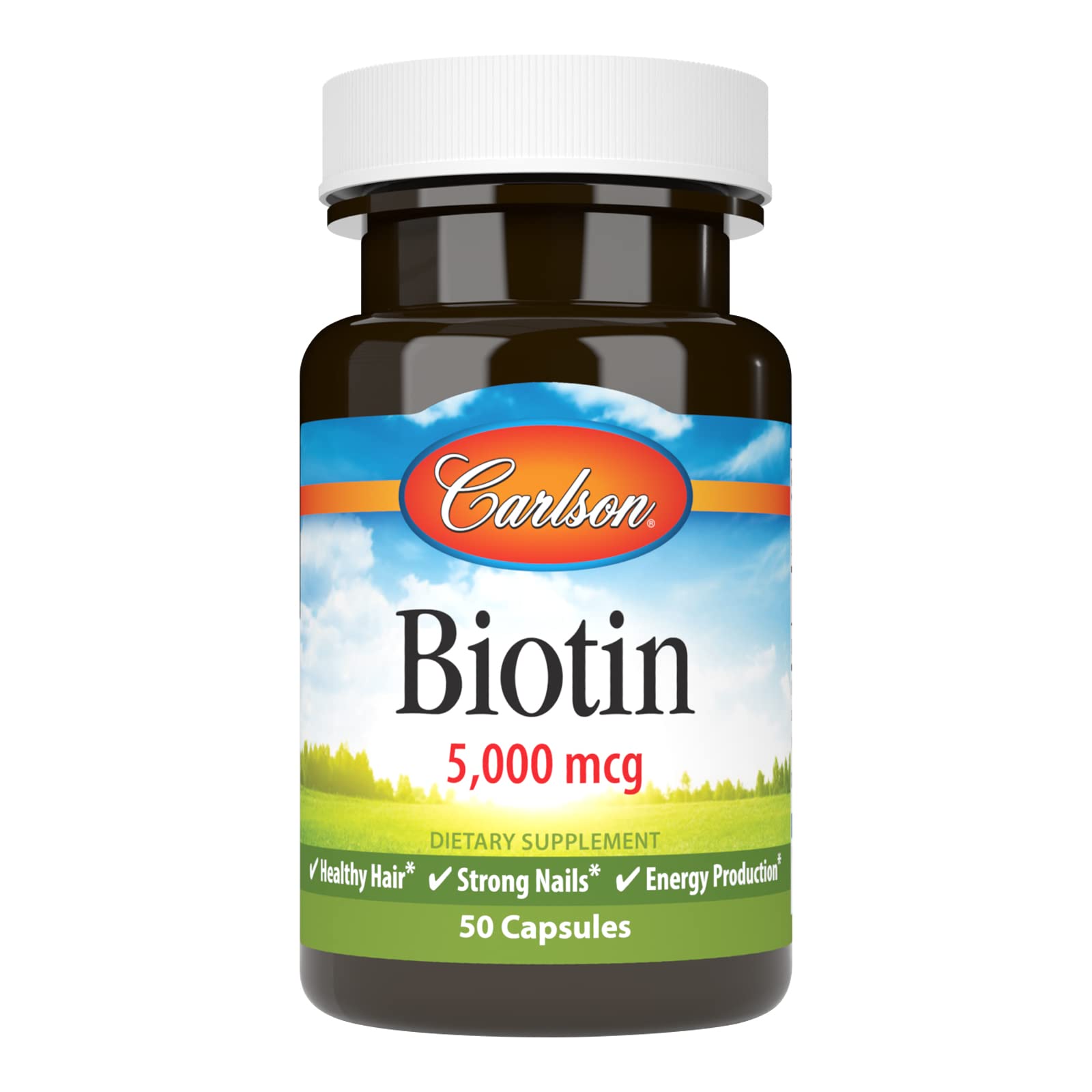 Carlson Biotin 5000 mcg bottle and label – 50 capsules