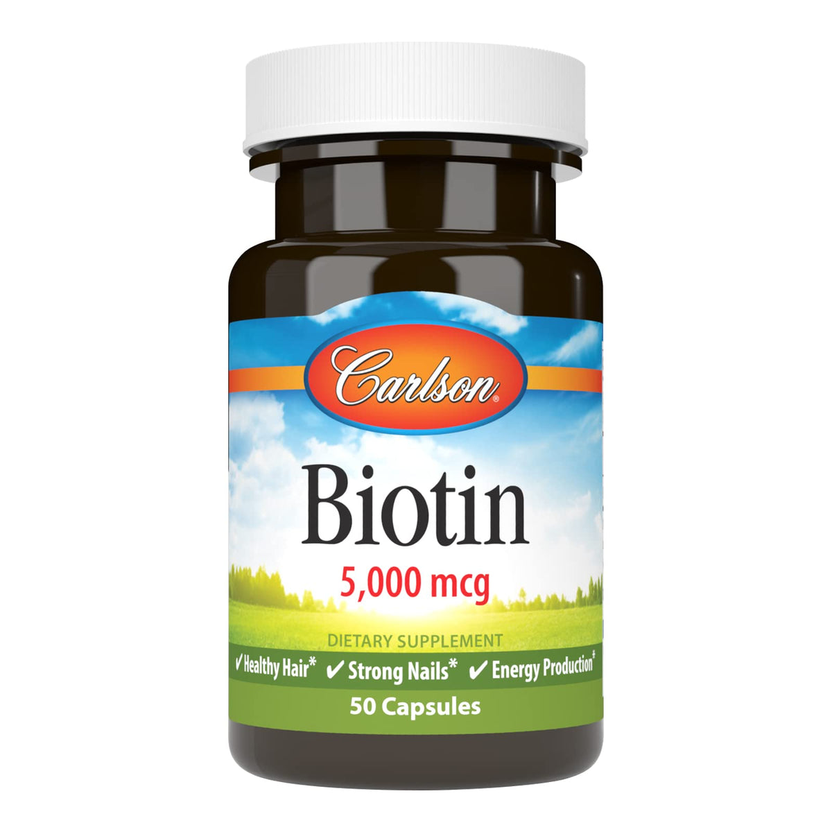 Carlson Biotin 5000 mcg bottle and label – 50 capsules