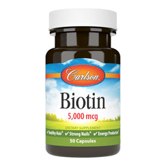Carlson Biotin 5000 mcg bottle and label – 50 capsules