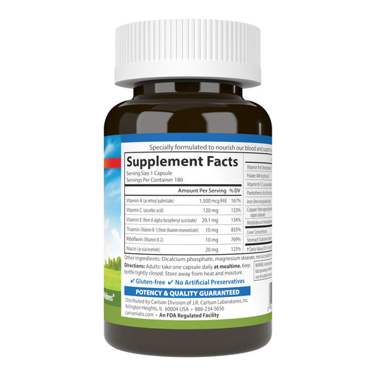 Label close-up showing 28 mg iron