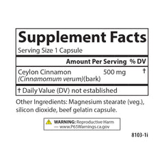 Nutritional facts panel for Carlson Ceylon Cinnamon capsules