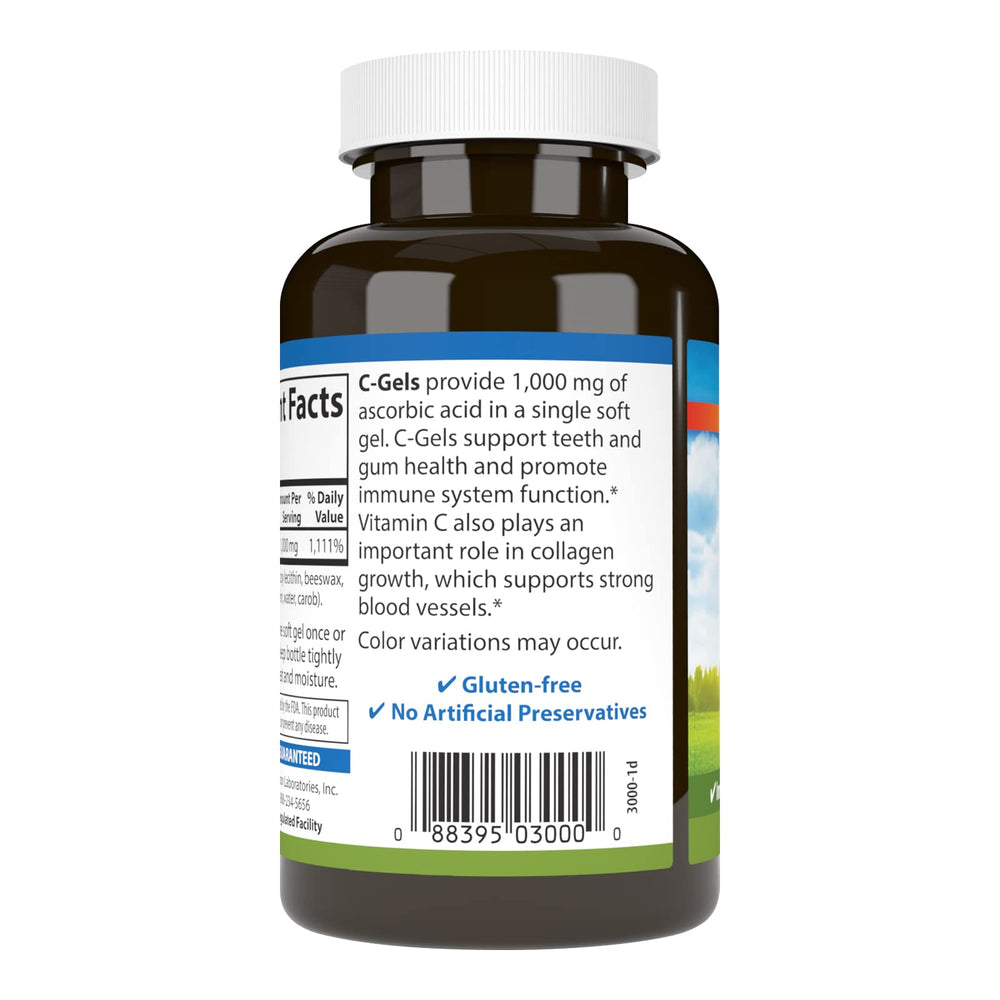 Vitamin C capsules spilling from Carlson C-Gel bottle