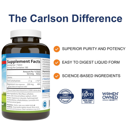 Back view of Carlson Chelated Magnesium bottle with supplement facts