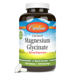 Front view of Carlson Chelated Magnesium 200mg 180 tablets bottle