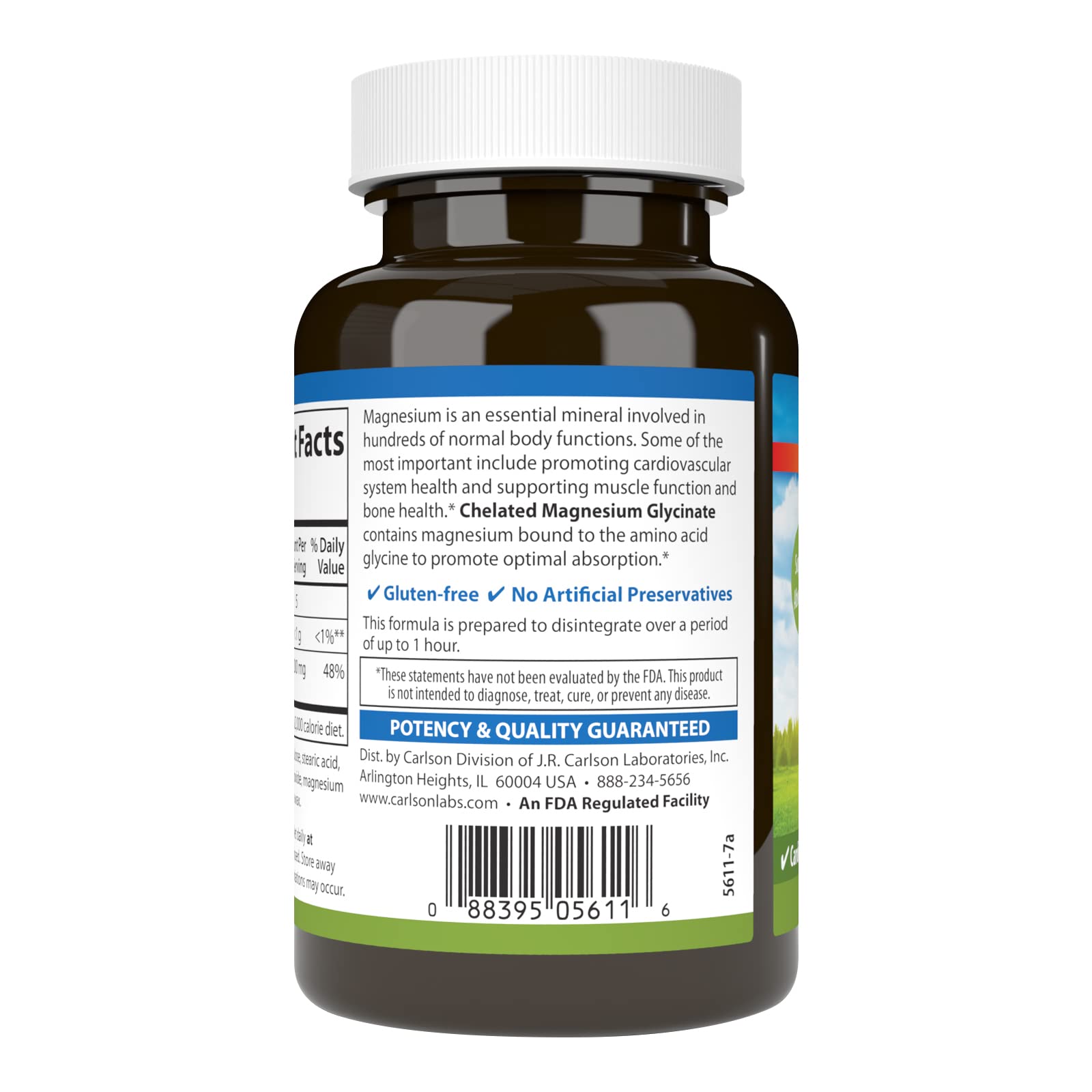 Supplement facts panel for Carlson Chelated Magnesium