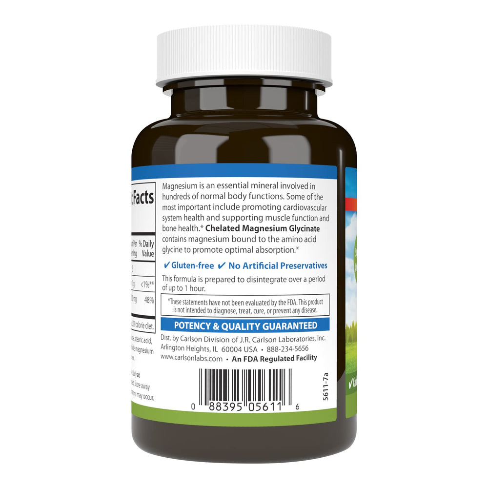 Supplement facts panel for Carlson Chelated Magnesium