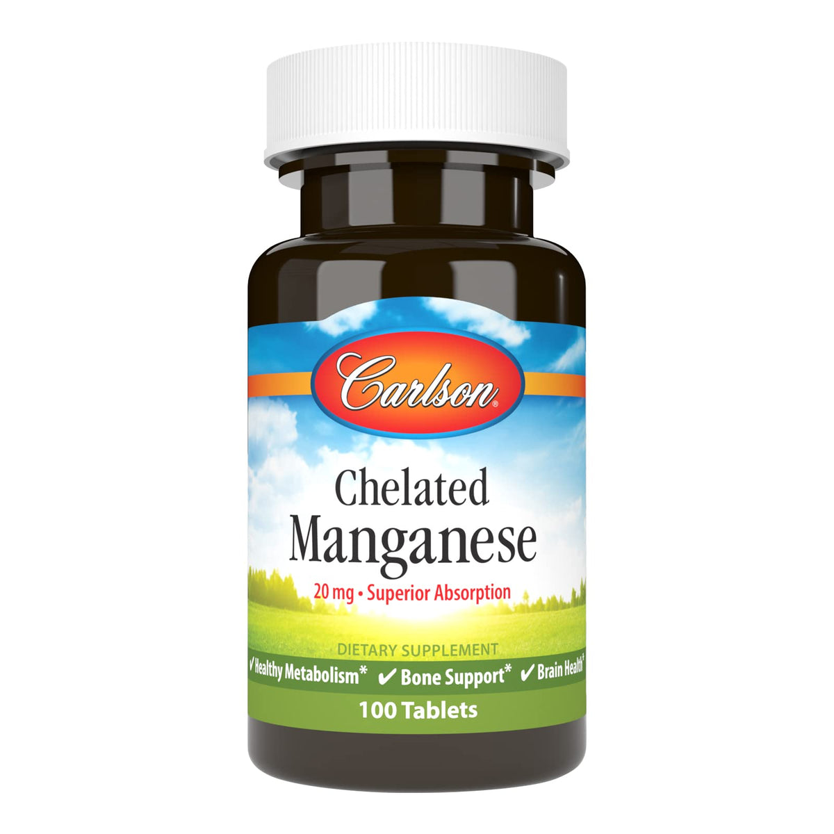 Carlson Chelated Manganese 20 mg bottle with 100 tablets label