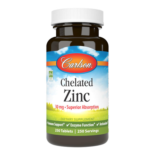Carlson Chelated Zinc 30 mg bottle — front view