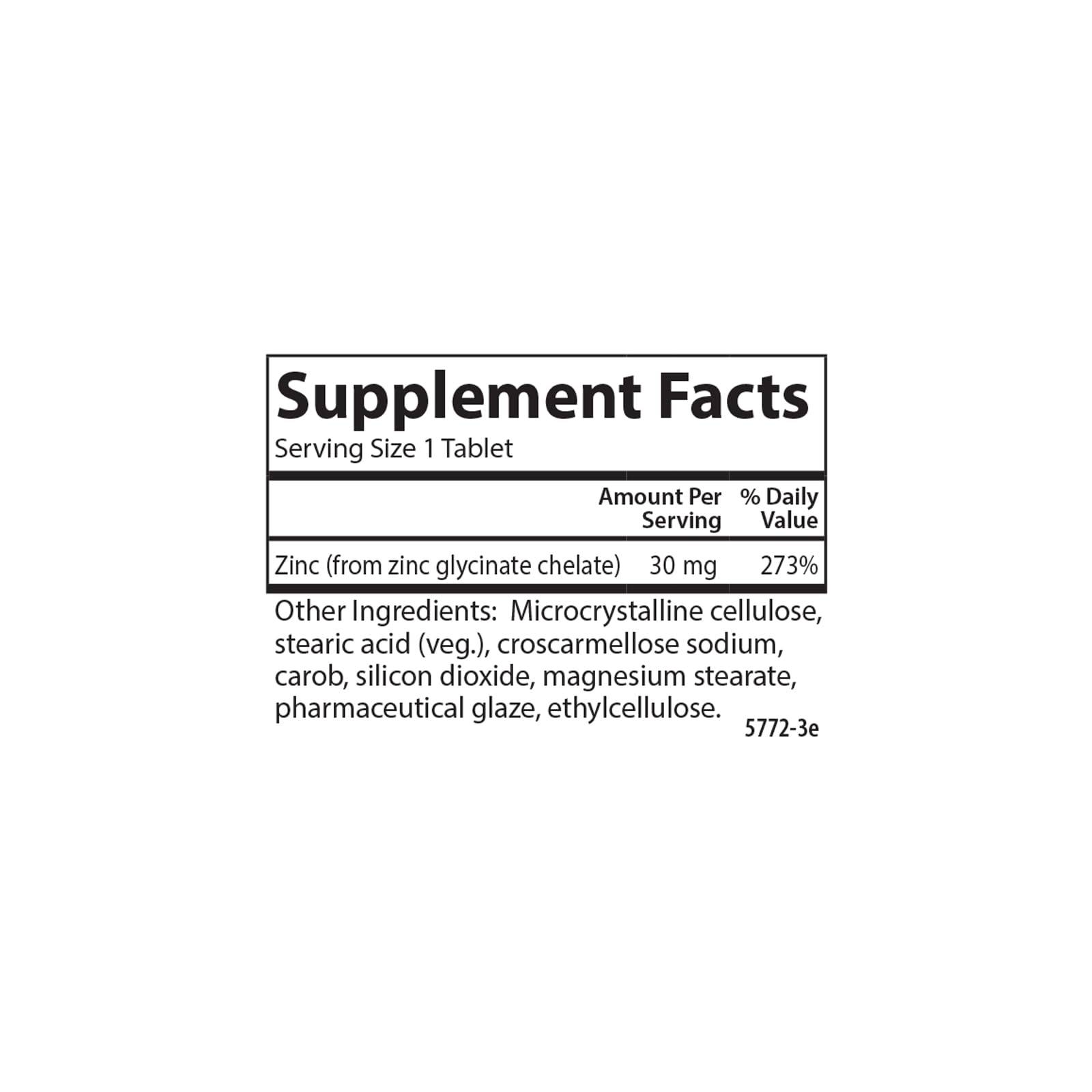Nutritional facts panel for Carlson Chelated Zinc