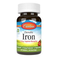 Front view of Carlson Chewable Iron 30 mg strawberry-flavored bottle with 60 tablets
