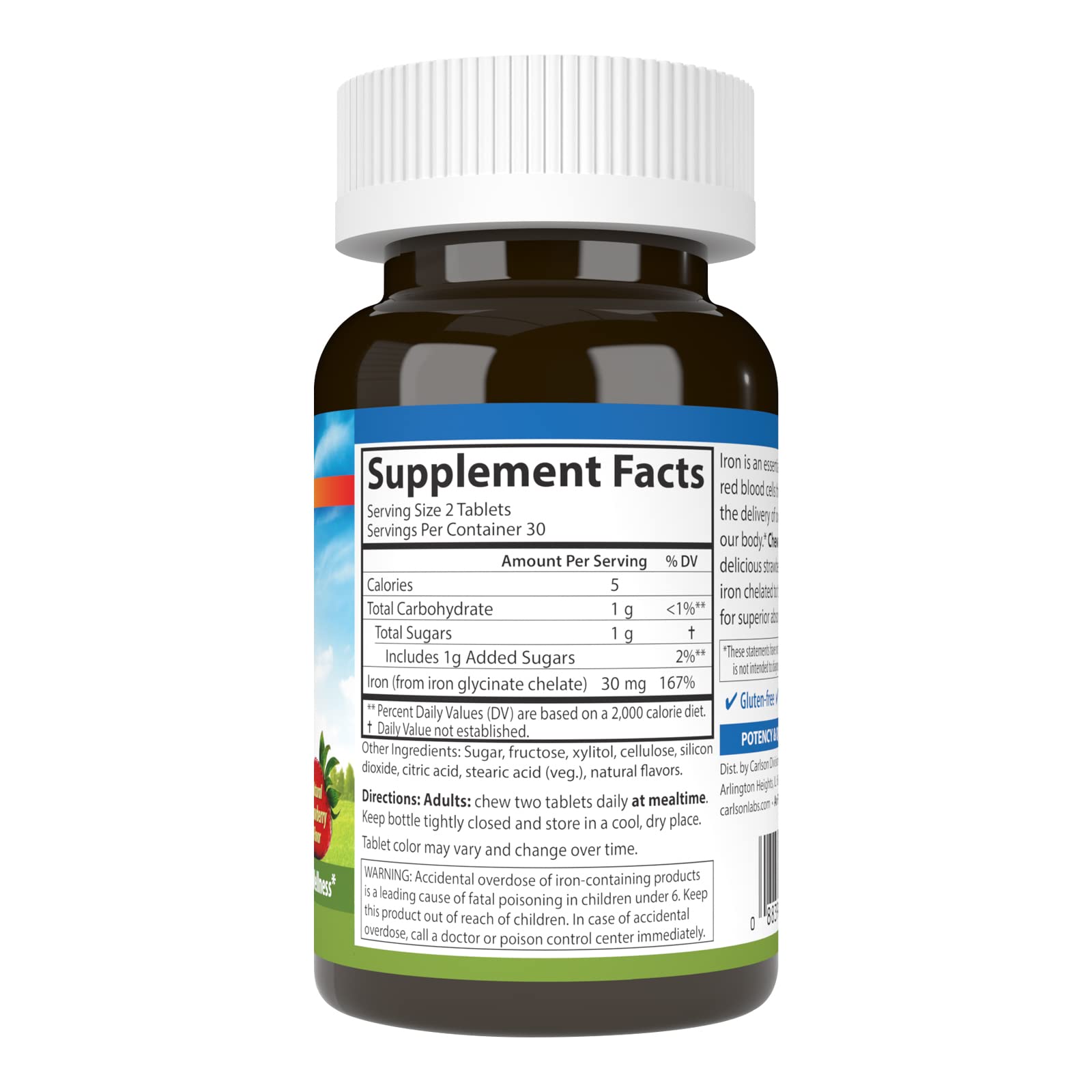 Bottle label showing Carlson logo and iron content (30 mg)