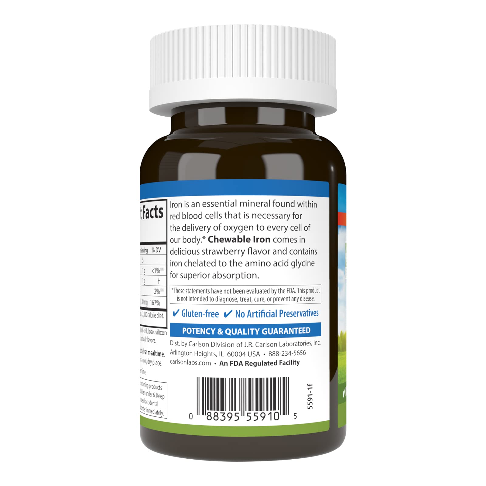 Nutrition facts panel example for Carlson Chewable Iron 30 mg