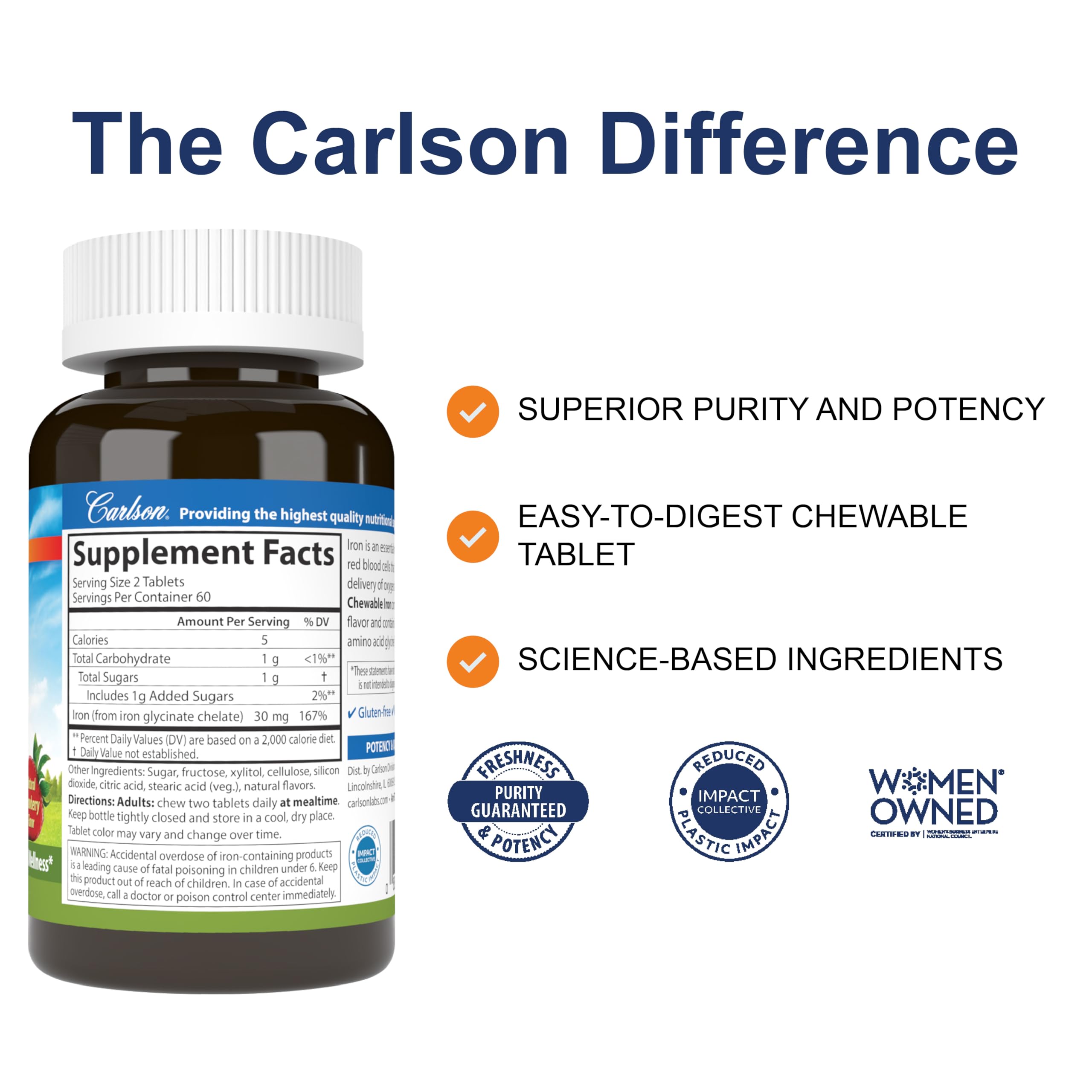 Carlson Chewable Iron bottle back label with nutrition facts