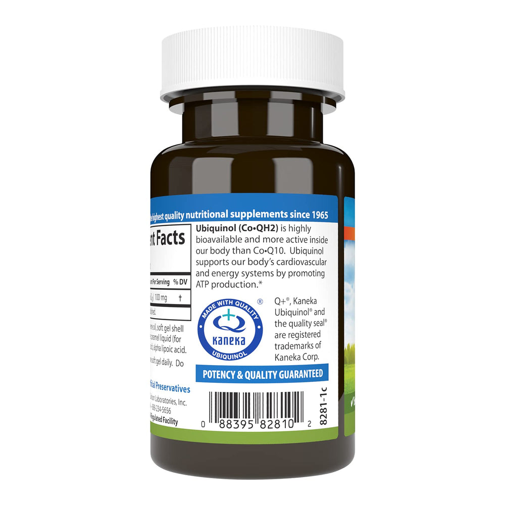 Front view of Carlson Co-QH2 Ubiquinol 100 mg bottle