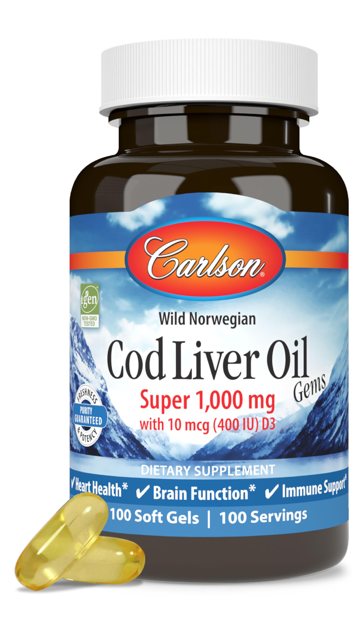 Hero image of Carlson Cod Liver Oil 1000 mg with vitamins A and D3, 100 softgels