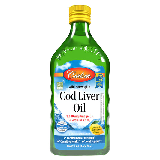 Carlson Cod Liver Oil 1100 mg Lemon 500 mL bottle displayed