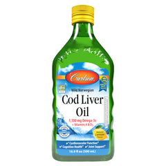 Carlson cod liver oil bottle with lemon label highlights natural flavor and daily omega-3 intake.