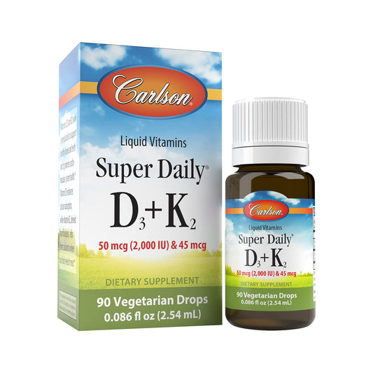 Carlson Super Daily D3 + K2 bottle with drops prominently displayed