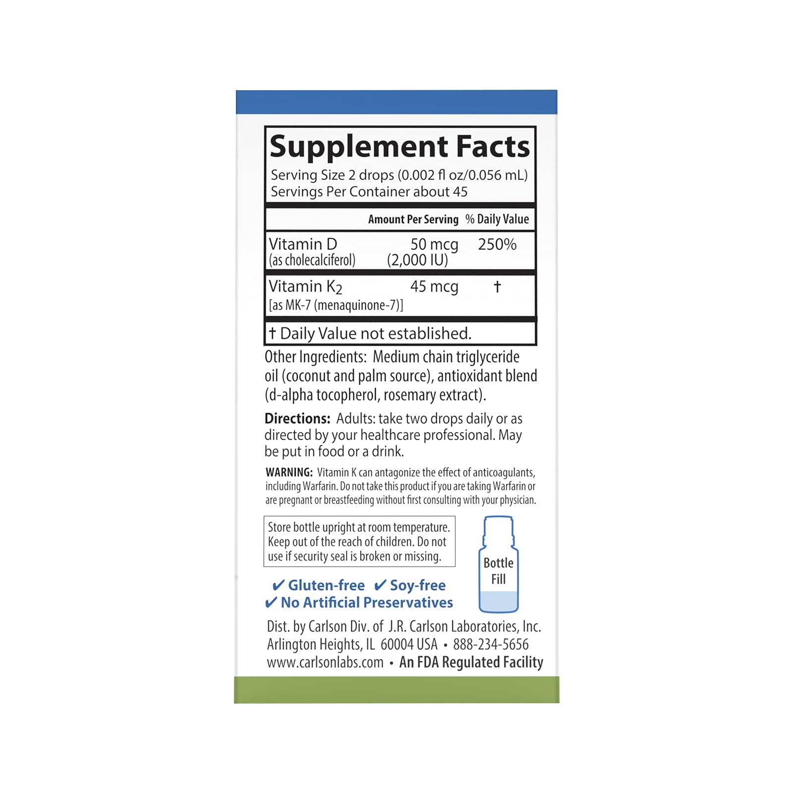 Label close-up showing 50 mcg D3 and 45 mcg MK-7 per drop