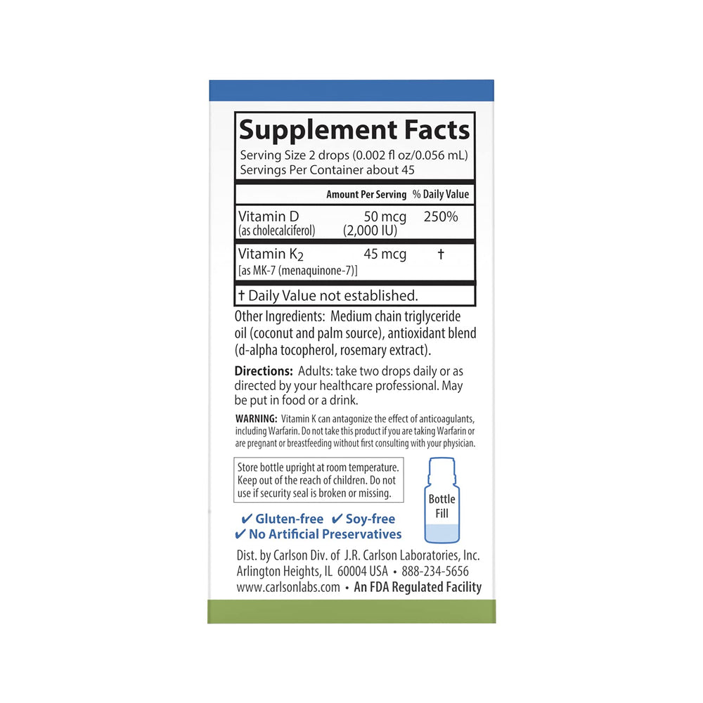 Label close-up showing 50 mcg D3 and 45 mcg MK-7 per drop